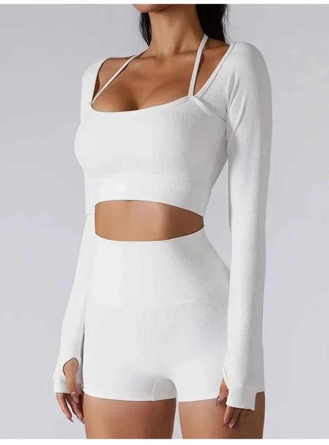 Alo Matching Sets Ribbed zip hoodie, wrap sports bra and high-waisted shorts set product detail image 10