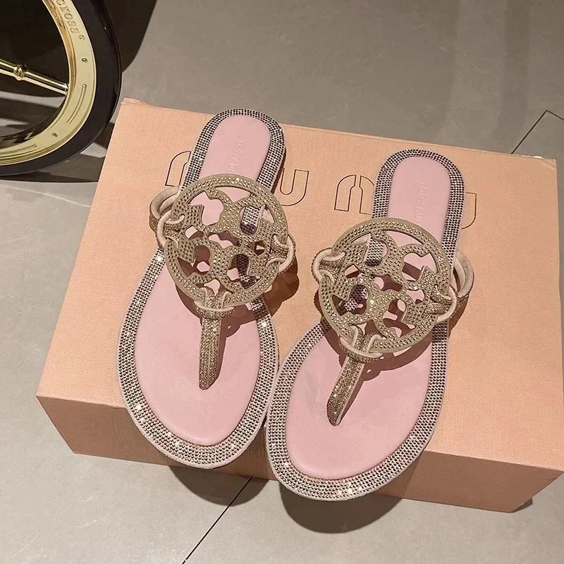 Tory Burch Slippers Rhinestone-Embellished Medallion Thong — Pink-TB halo setting