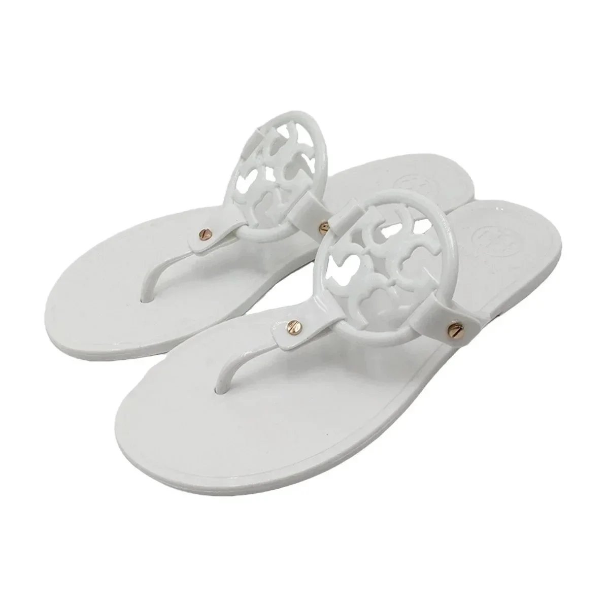 Tory Burch Slippers Rhinestone-Embellished Medallion Thong — White-TB large label
