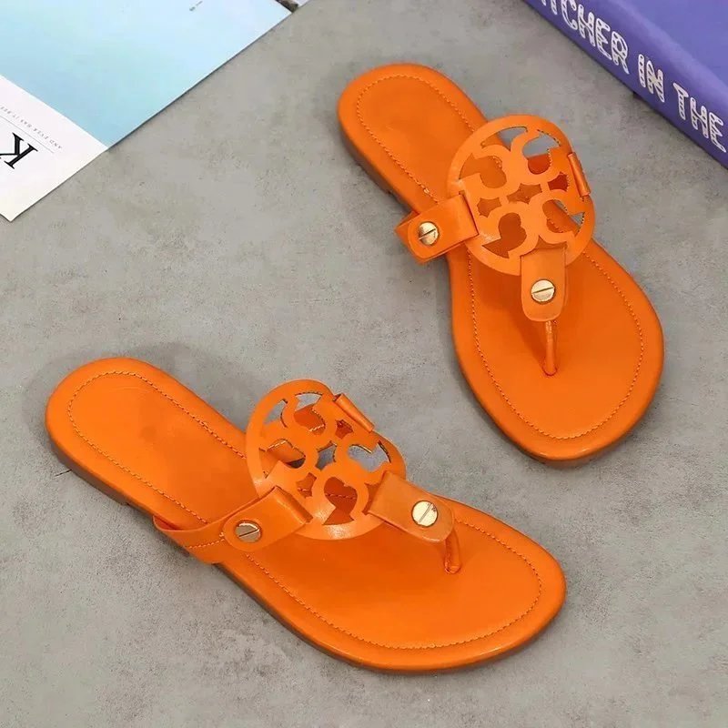 Tory Burch Slippers Rhinestone-Embellished Medallion Thong — Orange-TB Leather