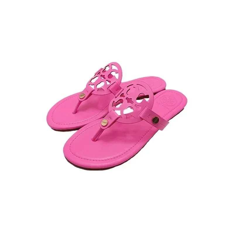 Tory Burch Slippers Rhinestone-Embellished Medallion Thong — Rose Red-TB Leather