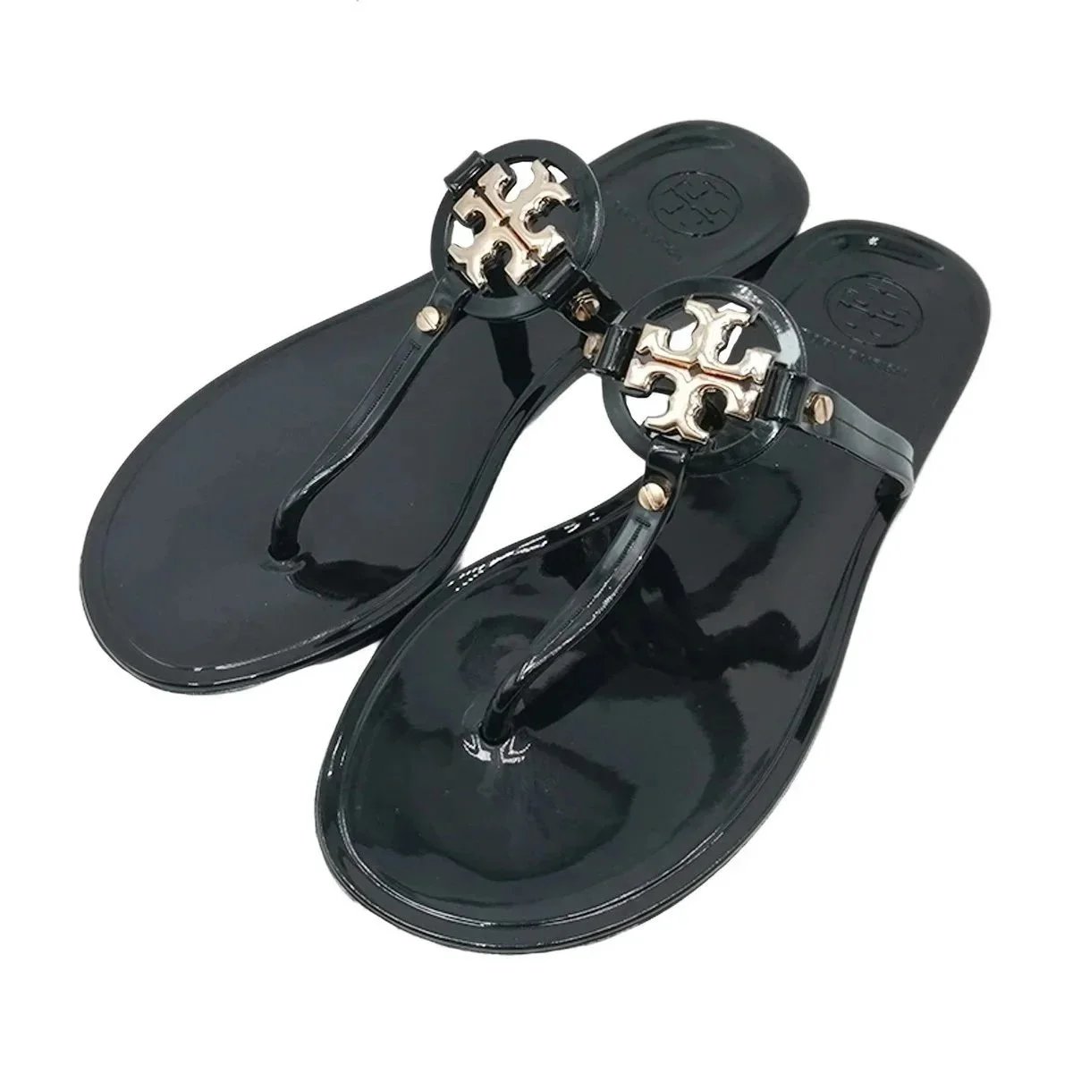 Tory Burch Slippers Rhinestone-Embellished Medallion Thong — Black-TB small buckle