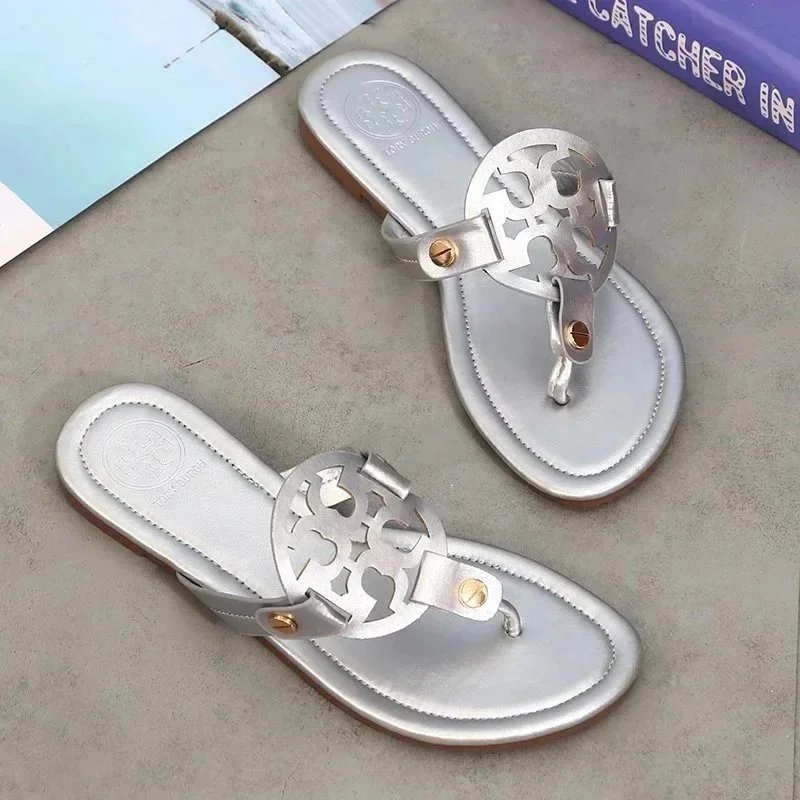 Tory Burch Slippers Rhinestone-Embellished Medallion Thong — Silver – TB Leather
