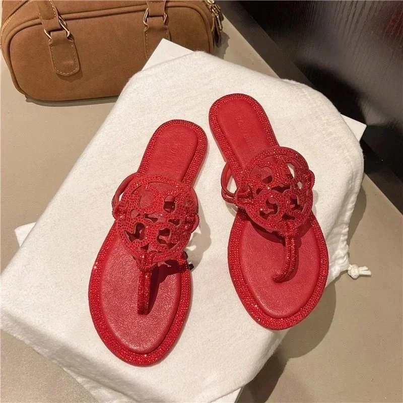 Tory Burch Slippers Rhinestone-Embellished Medallion Thong — Red-TB surrounding drill