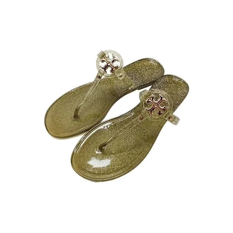 Tory Burch Slippers Rhinestone-Embellished Medallion Thong — Shining Green-TB Small Buckle