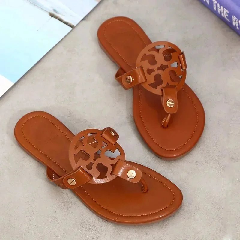 Tory Burch Slippers Rhinestone-Embellished Medallion Thong — Brown-TB leather