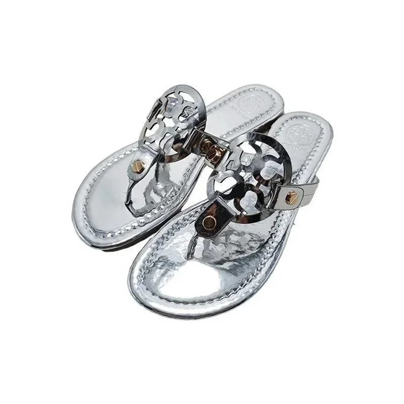 Tory Burch Slippers Rhinestone-Embellished Medallion Thong — Mirror Silver – TB Leather