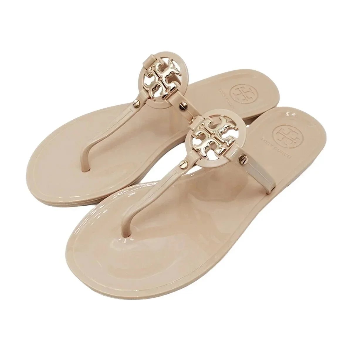 Tory Burch Slippers Rhinestone-Embellished Medallion Thong — Apricot-TB small buckle
