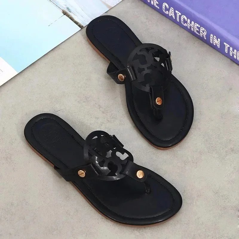 Tory Burch Slippers Rhinestone-Embellished Medallion Thong — Black-TB leather
