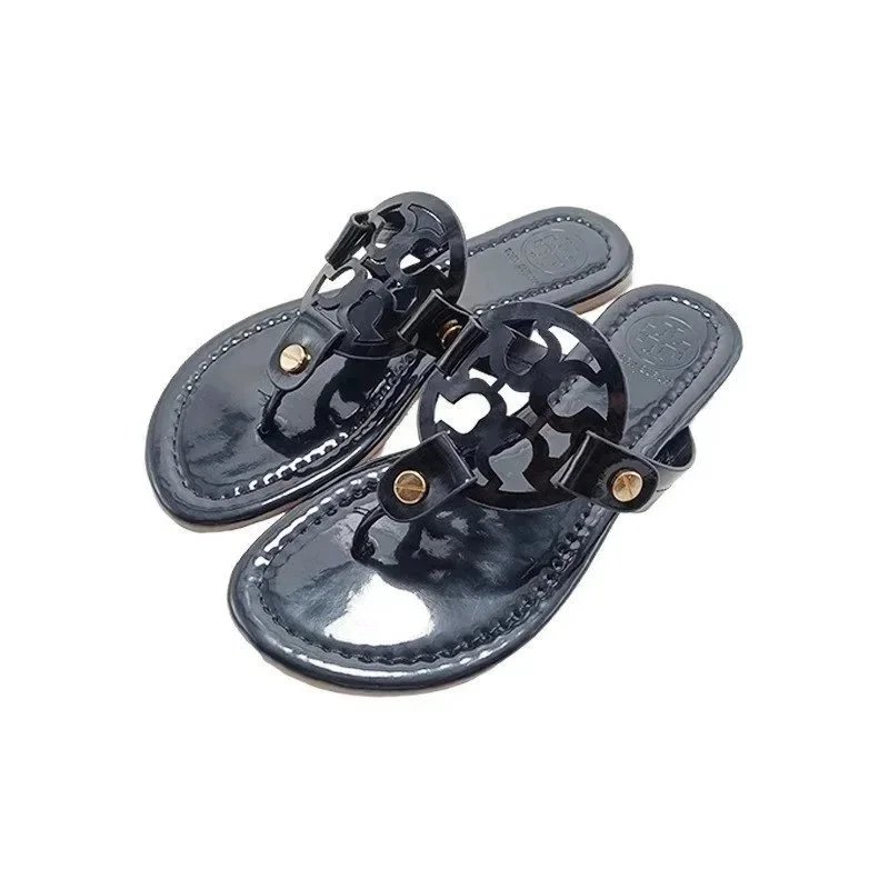 Tory Burch Slippers Rhinestone-Embellished Medallion Thong — Mirror Black-TB Leather