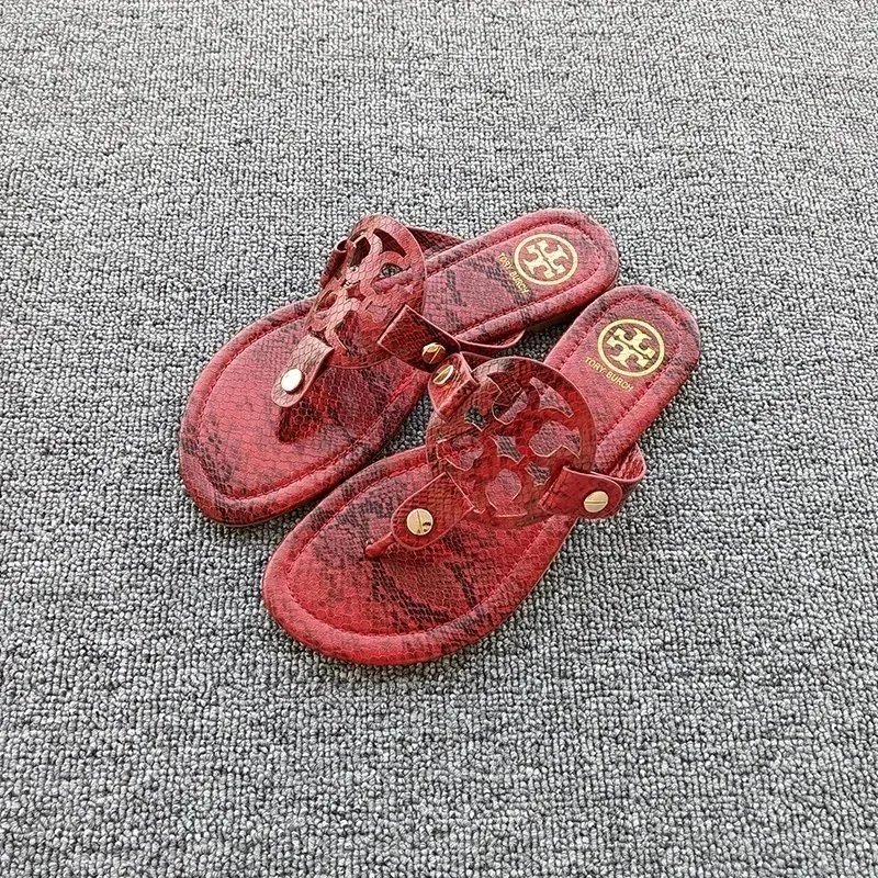 Tory Burch Slippers Rhinestone-Embellished Medallion Thong — Red snakeskin – TB leather