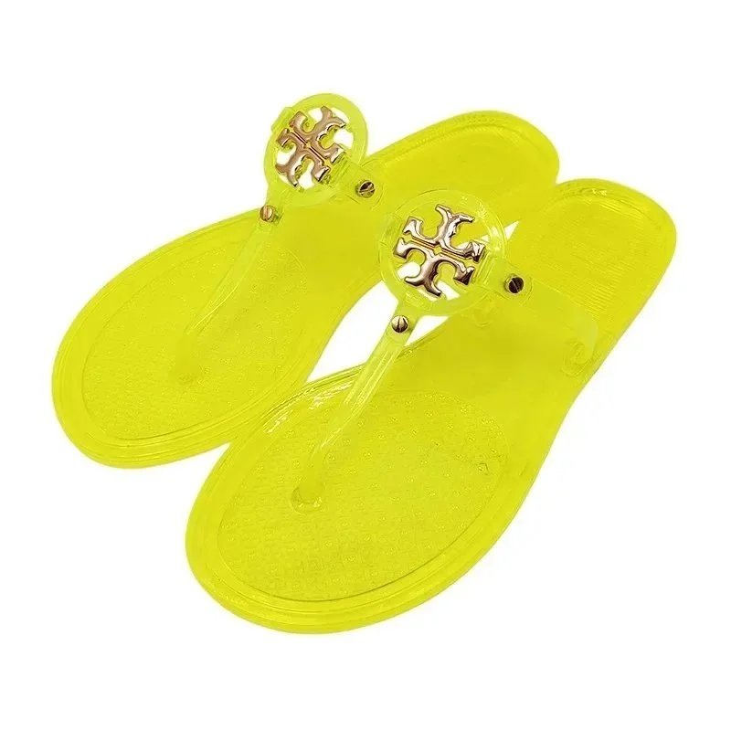 Tory Burch Slippers Rhinestone-Embellished Medallion Thong — Lemon Yellow-TB Small Buckle