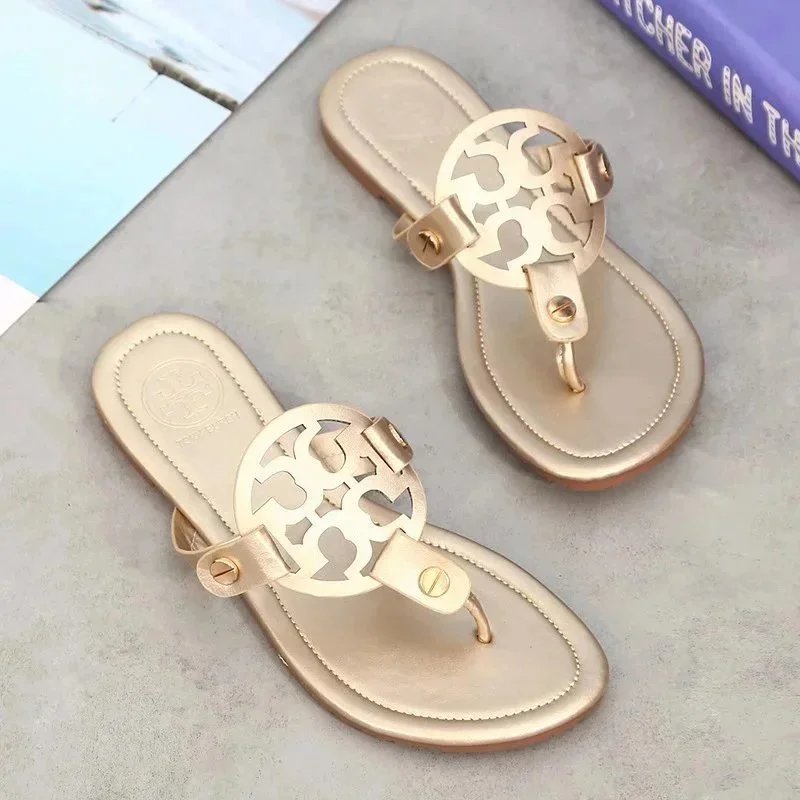 Tory Burch Slippers Rhinestone-Embellished Medallion Thong — Golden-TB Leather