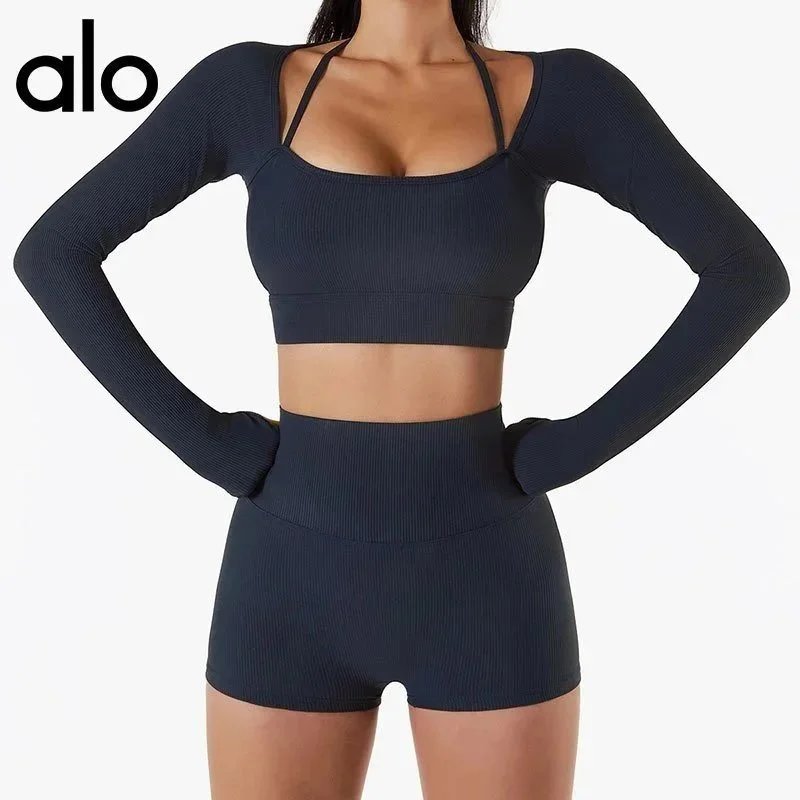 Alo Matching Sets Ribbed zip hoodie, wrap sports bra and high-waisted shorts set image 3