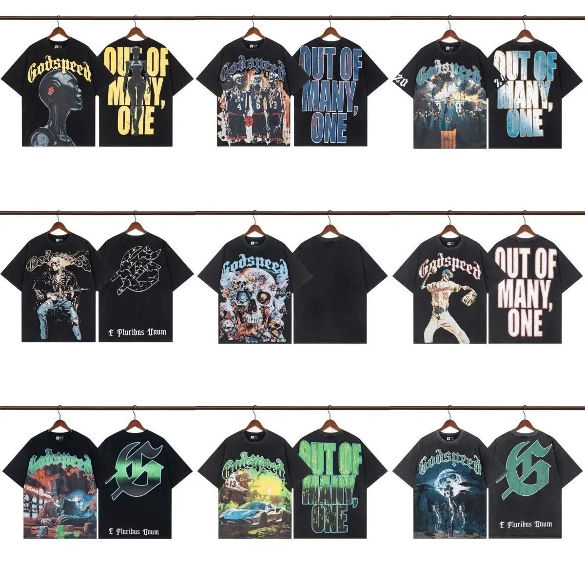 Vintage Wash Distressed American High Street Streetwear Godspeed Skull Retro Casual Niche Short Sleeve T-Shirt Trendy-0447