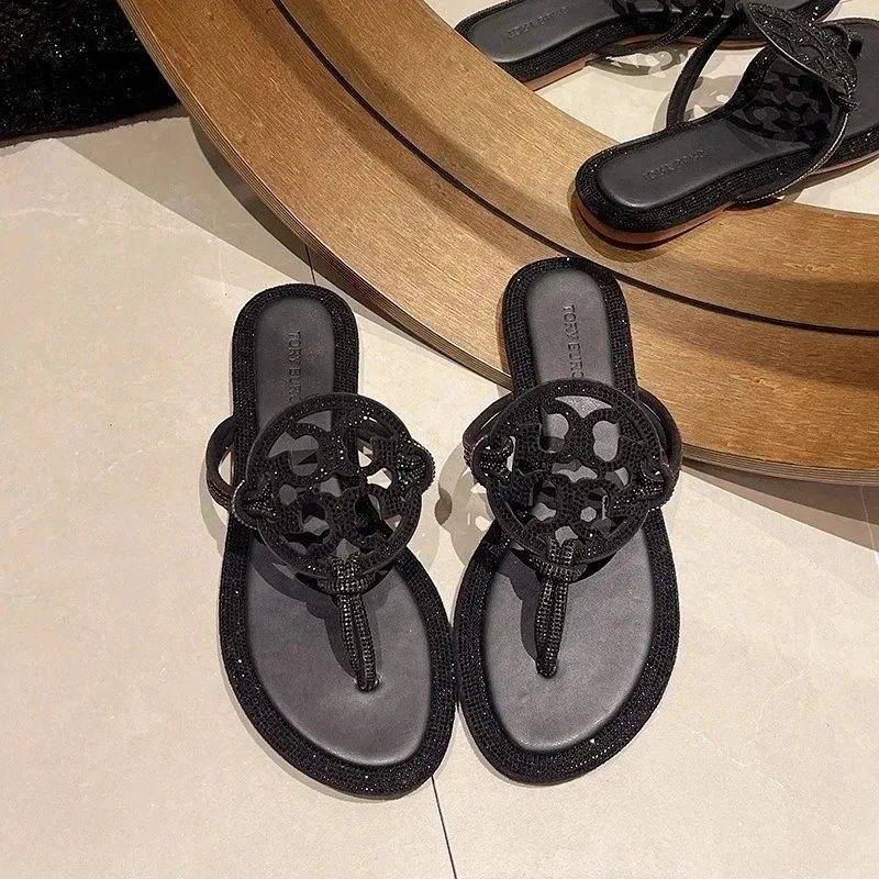 Tory Burch Slippers Rhinestone-Embellished Medallion Thong — Black-TB surround setting