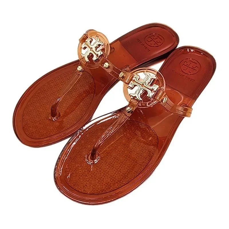Tory Burch Slippers Rhinestone-Embellished Medallion Thong — Brown-TB small buckle