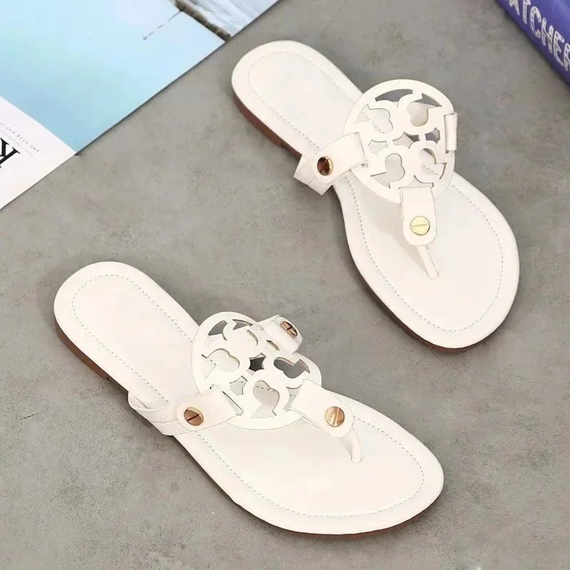 Tory Burch Slippers Rhinestone-Embellished Medallion Thong — White-TB leather