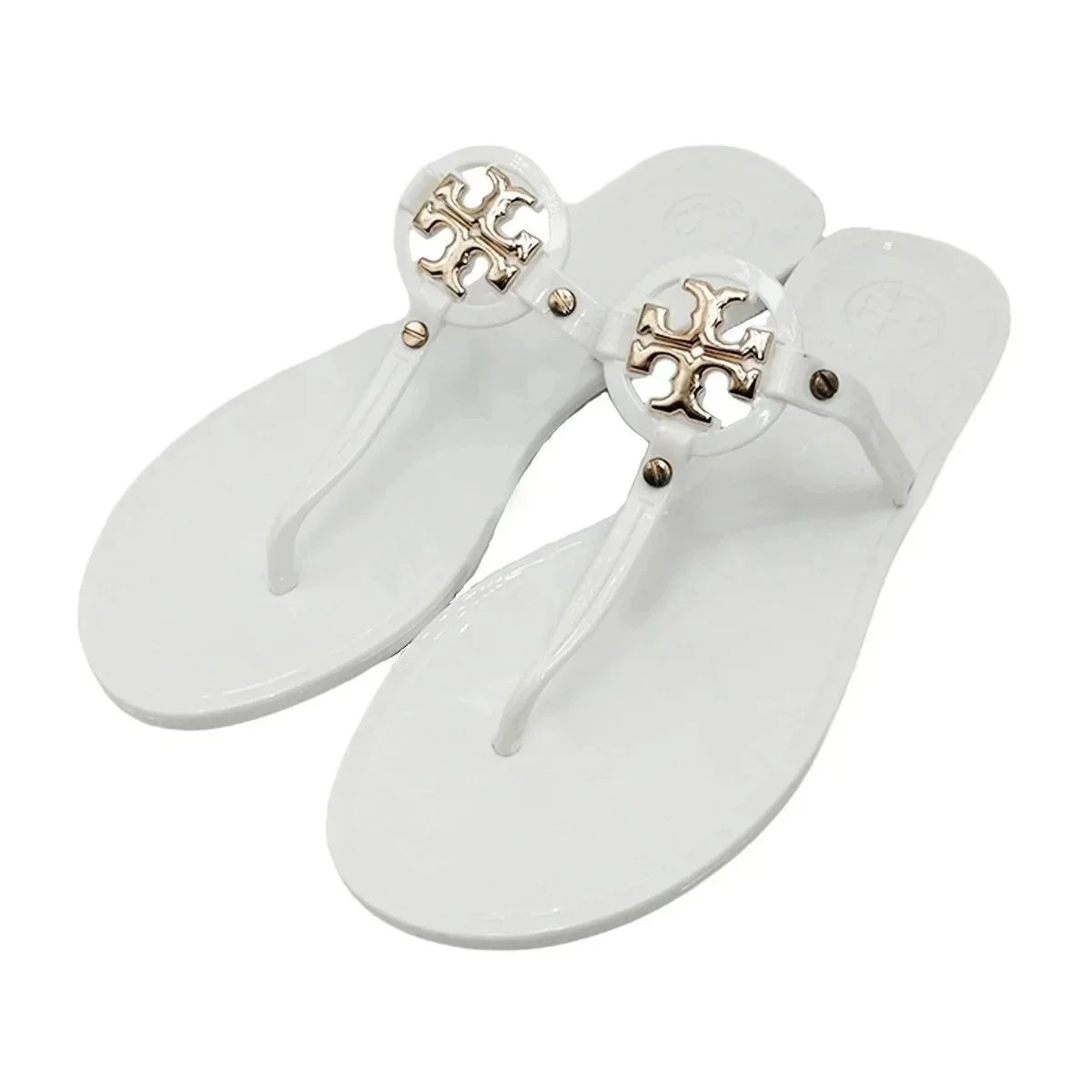 Tory Burch Slippers Rhinestone-Embellished Medallion Thong — White-TB small buckle