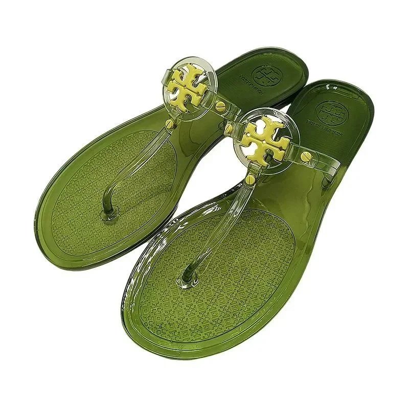 Tory Burch Slippers Rhinestone-Embellished Medallion Thong — Apple Green-TB Small Buckle