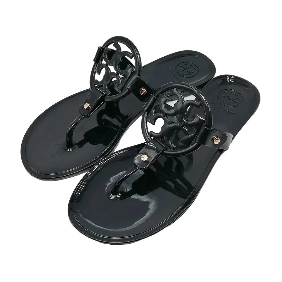 Tory Burch Slippers Rhinestone-Embellished Medallion Thong — Black-TB large logo