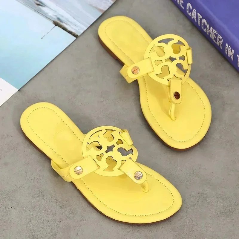 Tory Burch Slippers Rhinestone-Embellished Medallion Thong — Yellow-TB leather