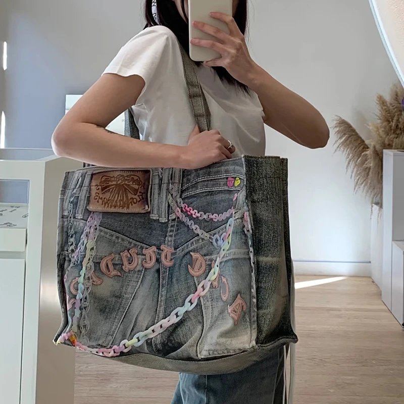 Fresh Print Denim Tote Bag - Large Capacity Women's Handbag