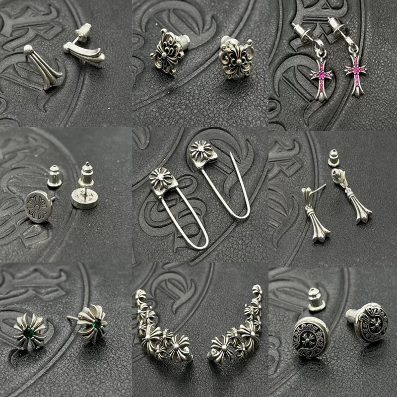 Trendy jewelry Thai silver cross flower scout flower earrings collection earrings pure silver needle exaggerated niche high-end feeling earrings