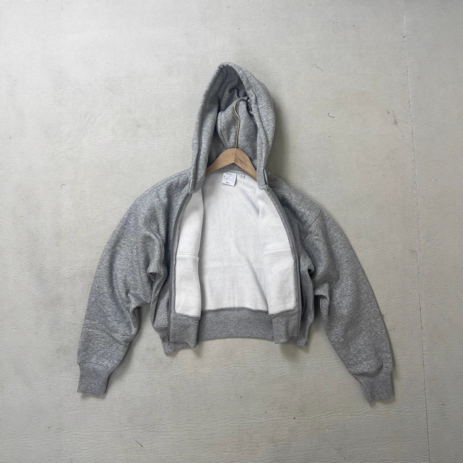 Grey-beige Hooded Autumn/winter Fleece-lined Short-length Zip-up Cardigan Sweatshirt