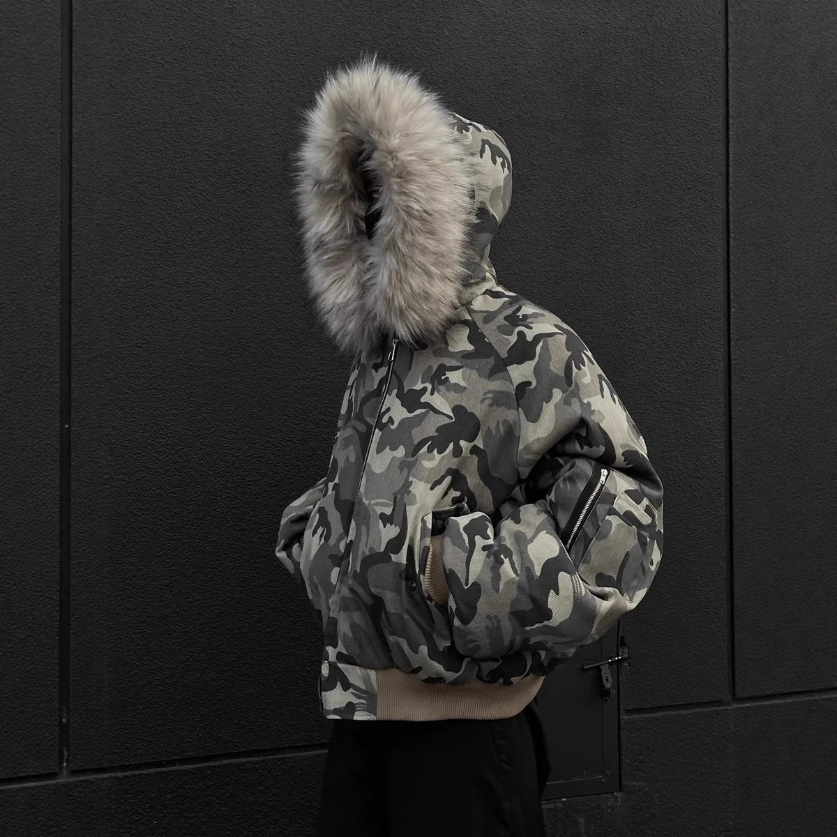 Mountain carving big fur collar camouflage cotton-padded jacket men's winter