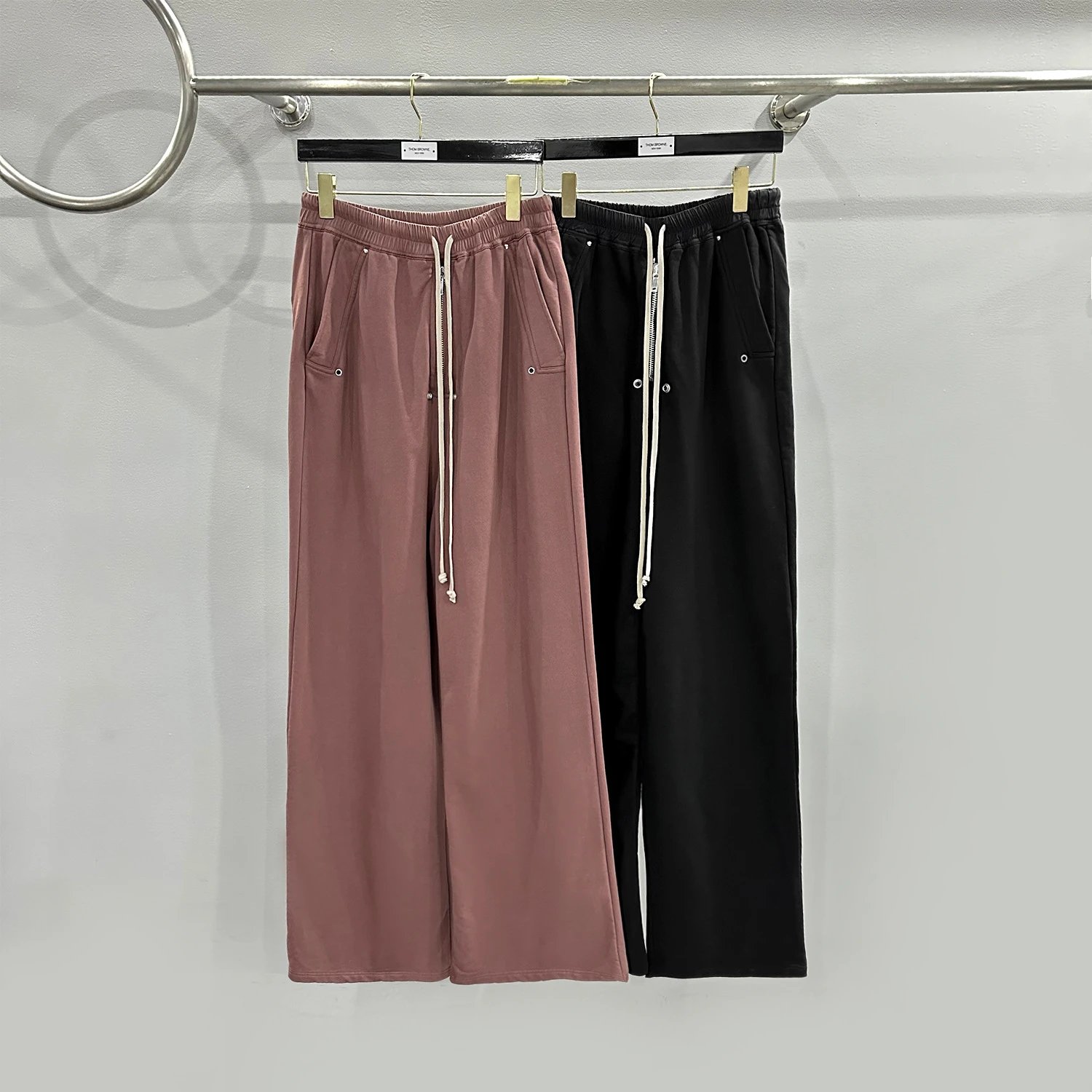 Unisex Zipper Design Drawstring Adjustable High-Waisted Loose Wide-Leg Floor-Length Athletic Pants