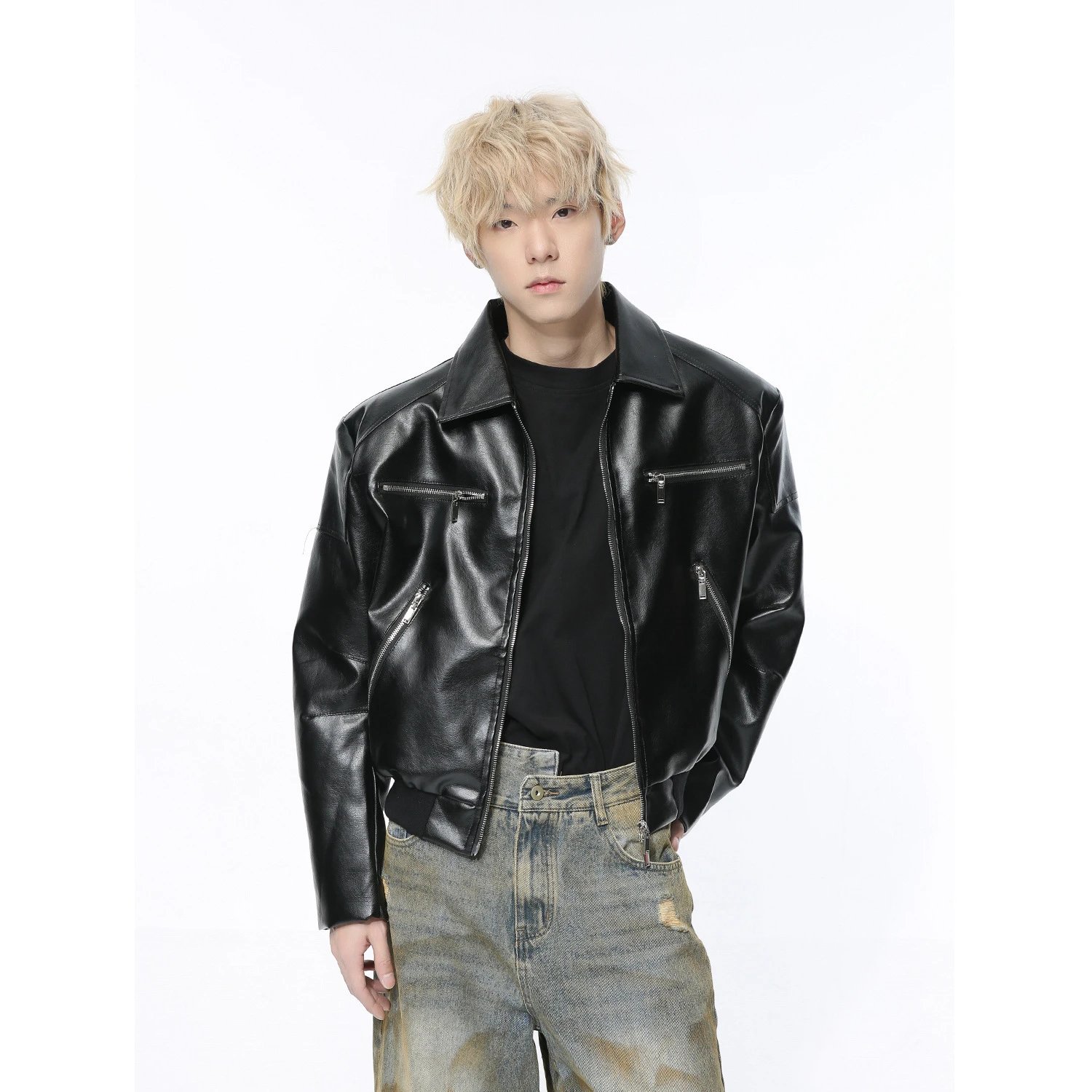Mtlclothes Premium Patchwork Metal Zipper Design Short Leather Jacket