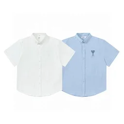 thumbnail for 811 Tonal Heart Embroidery Short Sleeve Shirt Silhouette Loose Cut Design Upper Body Effect Thai Cool and Spicy [Color] Unisex Color: Blue White Size: S M L XL