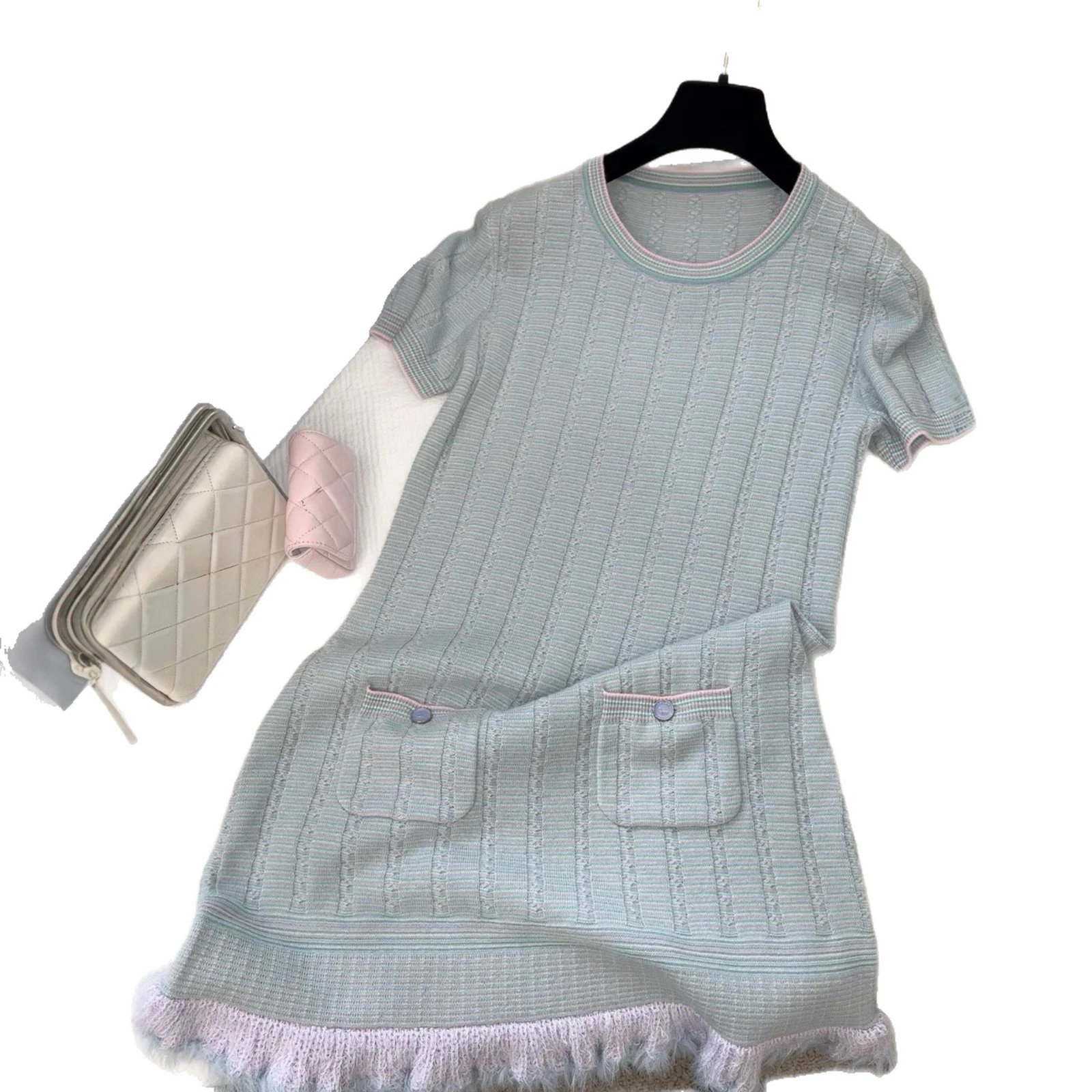 Unbranded Dresses Cable-Knit Short-Sleeve Dress with Contrast Trim, Patch Pockets and Fringe Hem image 5