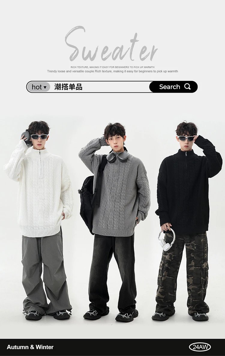 Cable Knit Half-Zip Turtleneck Sweater White - 19