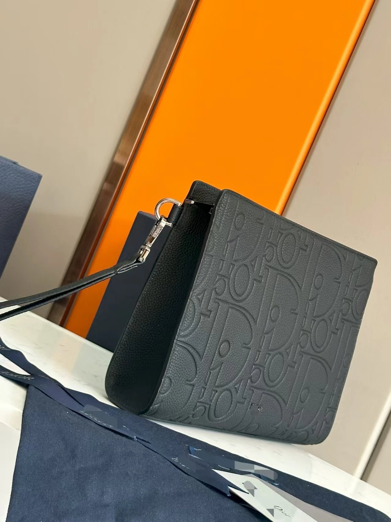 Dior Oblique Embossed Leather Crossbody Bag Black - 6