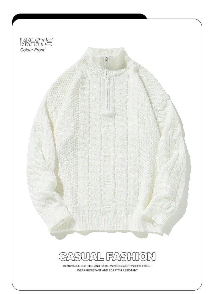 Cable Knit Half-Zip Turtleneck Sweater White - 44