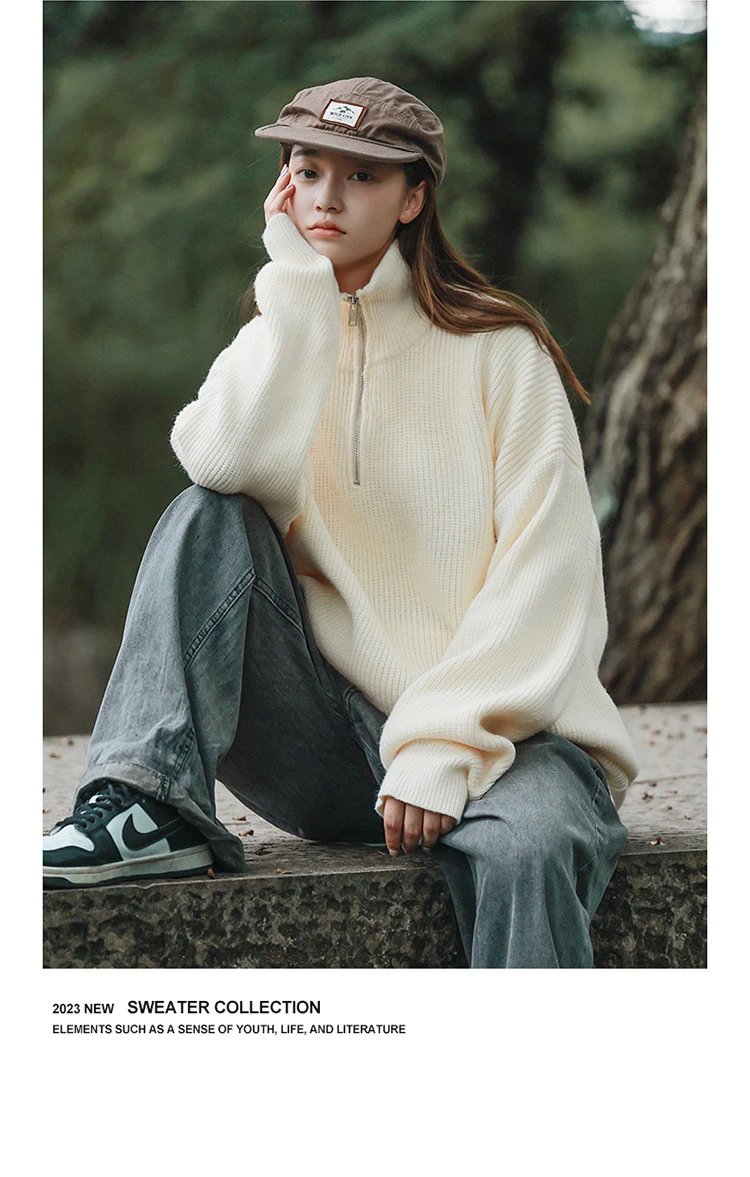 Cable Knit Half-Zip Turtleneck Sweater White - 14