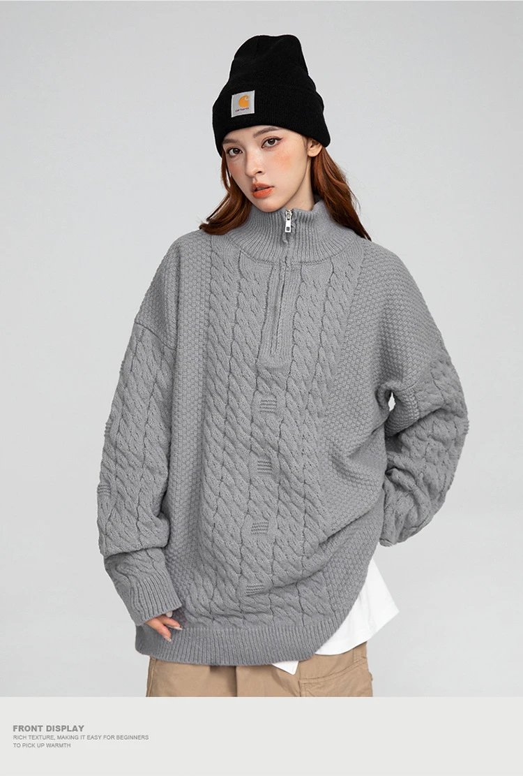 Cable Knit Half-Zip Turtleneck Sweater White - 25