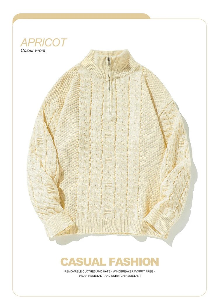 Cable Knit Half-Zip Turtleneck Sweater White - 45