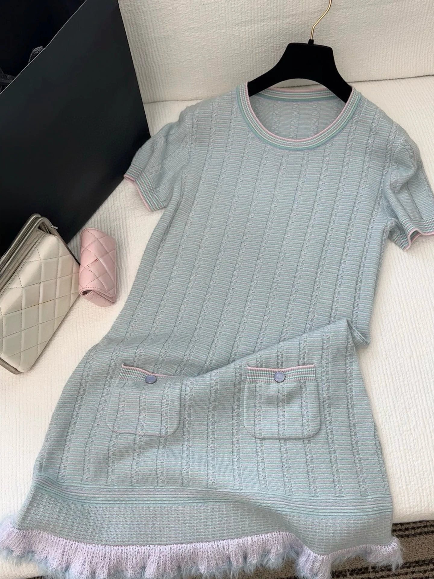 Unbranded Dresses Cable-Knit Short-Sleeve Dress with Contrast Trim, Patch Pockets and Fringe Hem — Blue Dress