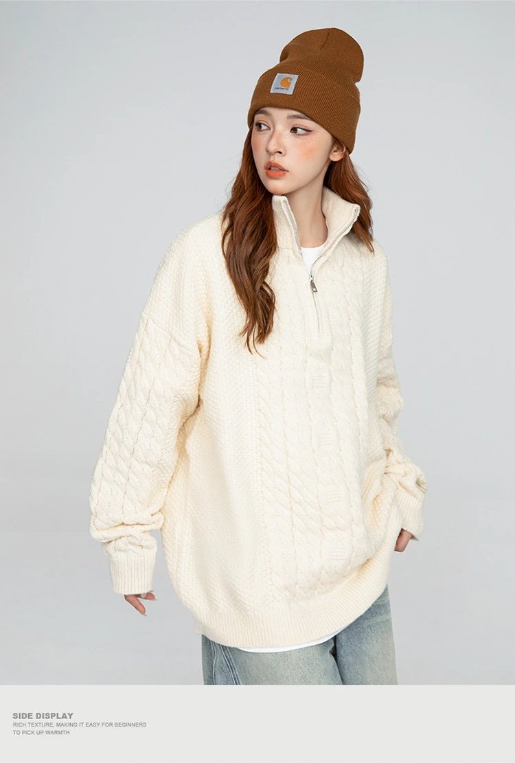 Cable Knit Half-Zip Turtleneck Sweater White - 28