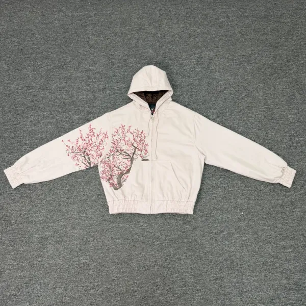 Design Cherry Blossom Print Hooded Jacket Beige Outerwear - 1