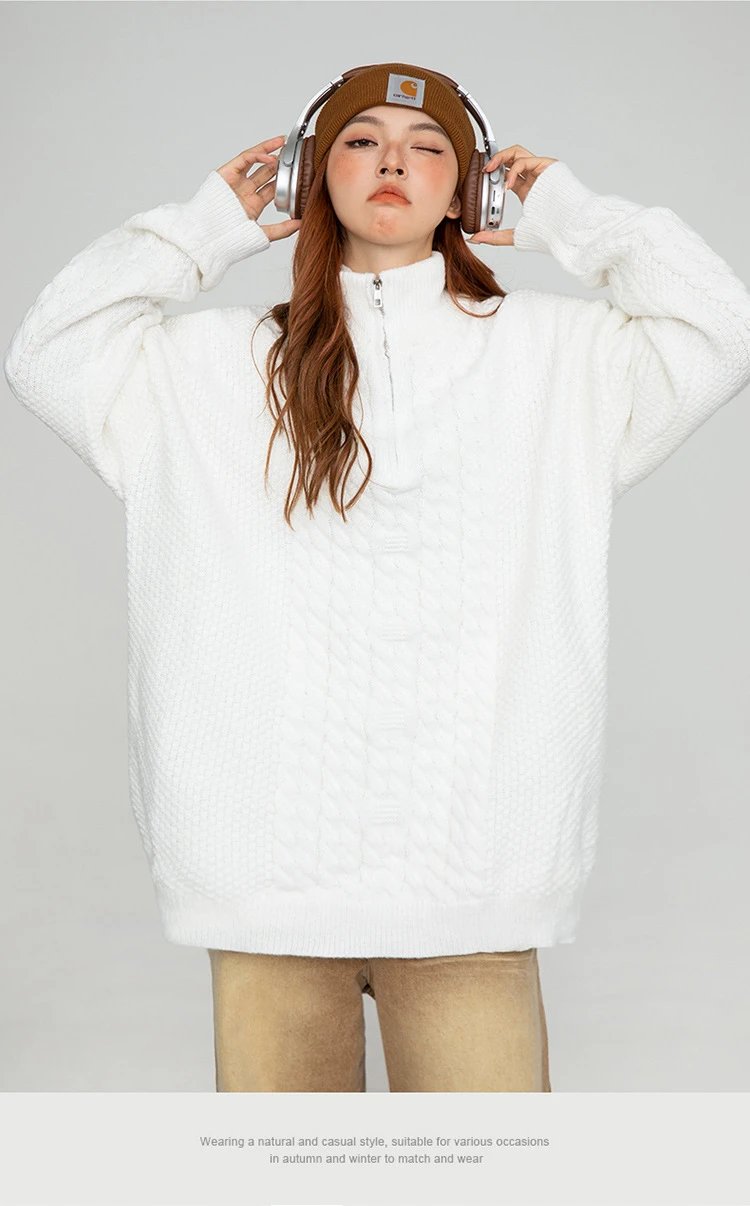Cable Knit Half-Zip Turtleneck Sweater White - 27