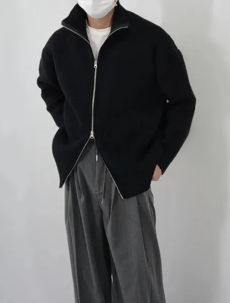 Design Ribbed Zip-Up Knit Jacket Black Outerwear - 1