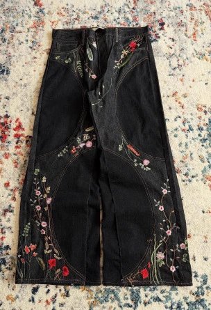 SCHYZE Jeans Straight-Leg Cherry Blossom Embroidered — Black Embroidered