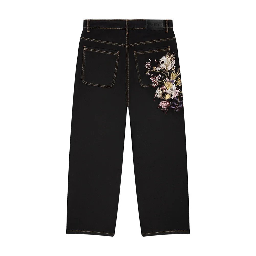 SCHYZE Jeans Straight-Leg Cherry Blossom Embroidered — Black 3 (In Production)