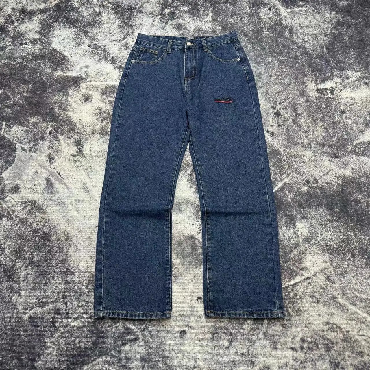 Design Wide-Leg Straight-Cut Dark Wash Jeans - 1