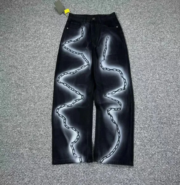 Design Chain Print Spray-Paint Effect Black Wide-Leg Jeans - 1