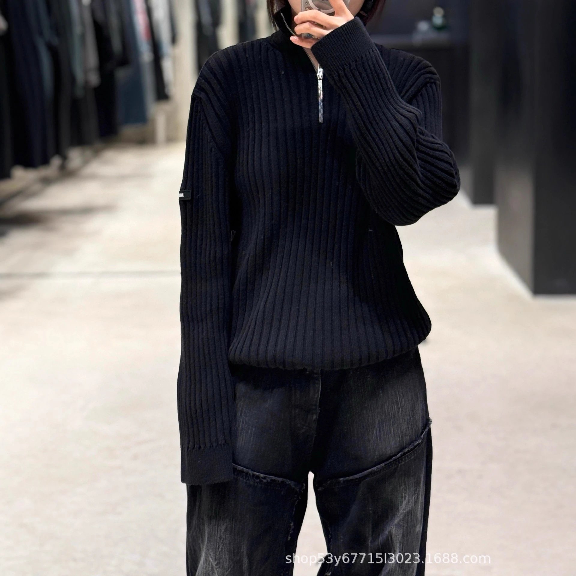 Black Ribbed Half-Zip Knit Sweater - 000353